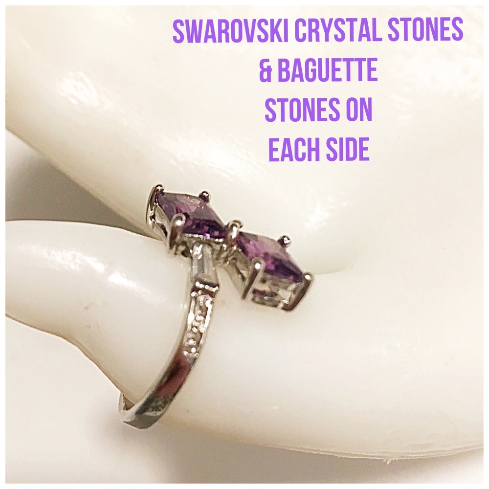 Simulated Amethyst & CZ Baguette 925 Silver Ring - Picture 3 of 10